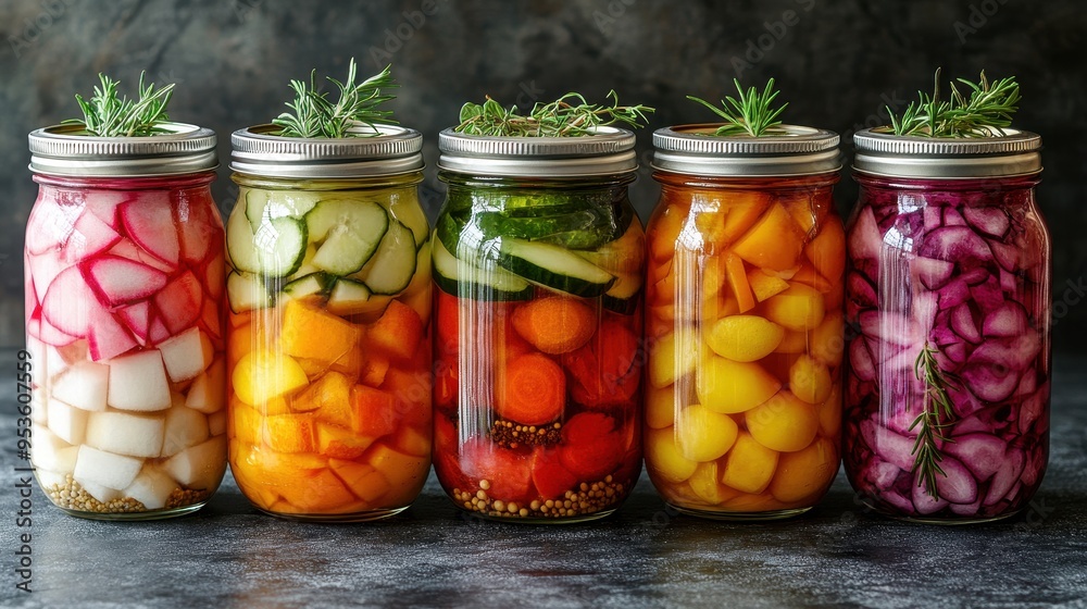 Row of Jars Filled with Pickled Vegetables and Fruits on Kitchen Table Against Dark Background, Front View Food Photography
Row of Jars Filled with Pickled Vegetables and Fruits on Kitchen Table Against Dark Background, Front View Food Photography