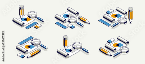 Engineering project concept, paper document blueprint with pencil engineer work job vector 3D isometric illustration, abstract plan drawing, cad scheme icon.