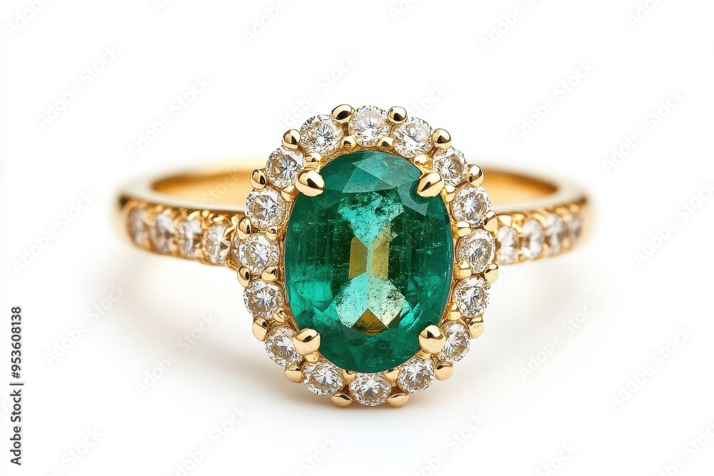 A beautiful gold ring featuring an emerald center stone surrounded by diamonds. A beautiful gold ring featuring an emerald center stone surrounded by diamonds.