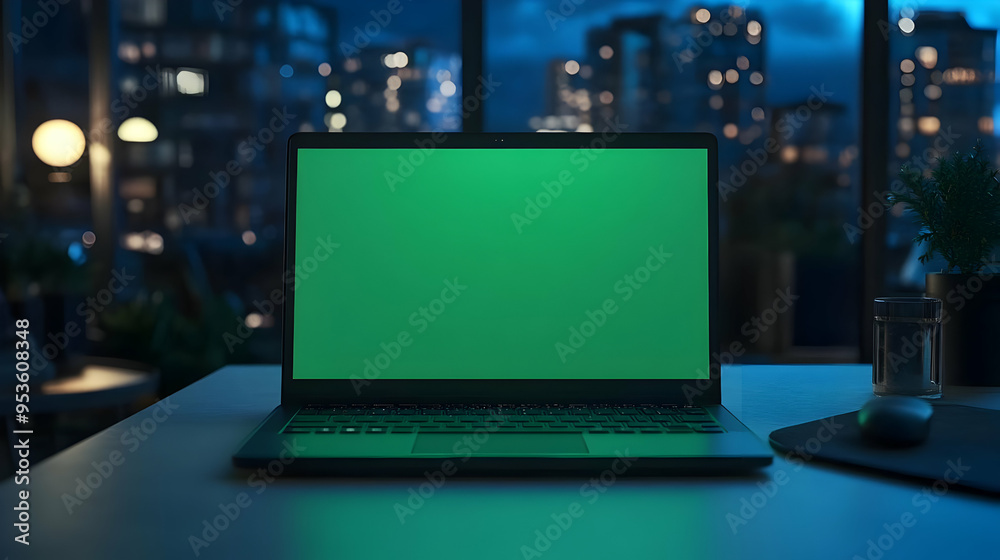 Laptop with Green Screen on Desk at Night with City View Laptop with Green Screen on Desk at Night with City View