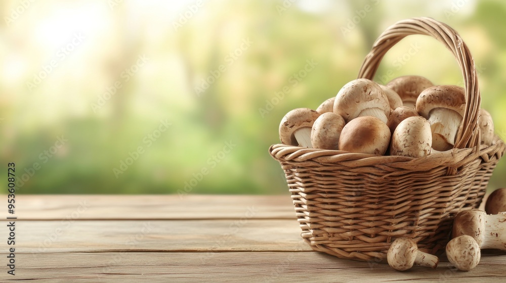 Wicker basket and fresh champignon mushrooms on wooden table against blurred background with space for text. Cooking delicious organic food boletus mushroom Wicker basket and fresh champignon mushrooms on wooden table against blurred background with space for text. Cooking delicious organic food boletus mushroom