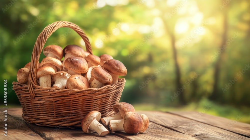 Wicker basket and fresh champignon mushrooms on wooden table against blurred background with space for text. Cooking delicious organic food boletus mushroom Wicker basket and fresh champignon mushrooms on wooden table against blurred background with space for text. Cooking delicious organic food boletus mushroom
