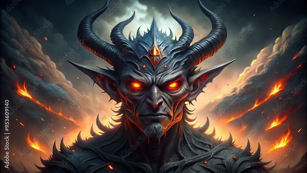 A dark, gothic-inspired fantasy scene featuring a menacing, horned demon-like creature with glowing red eyes, A dark, gothic-inspired fantasy scene featuring a menacing, horned demon-like creature with glowing red eyes,