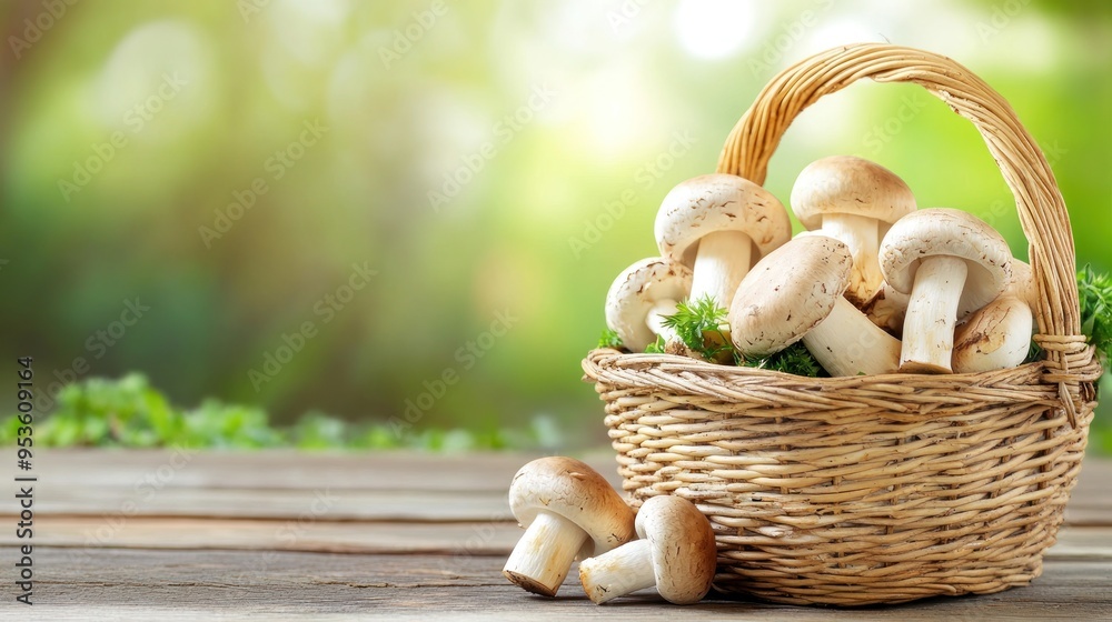 Wicker basket and fresh champignon mushrooms on wooden table against blurred background with space for text. Cooking delicious organic food boletus mushroom Wicker basket and fresh champignon mushrooms on wooden table against blurred background with space for text. Cooking delicious organic food boletus mushroom