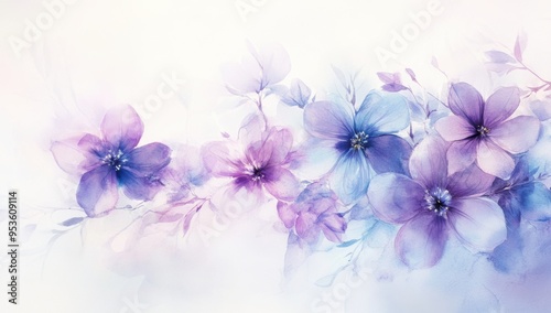 Watercolor painting of purple and blue flowers on a white background, with a dreamy