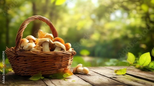 Wicker basket and fresh champignon mushrooms on wooden table against blurred background with space for text. Cooking delicious organic food boletus mushroom