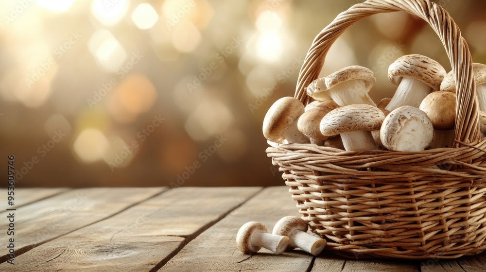 Wicker basket and fresh champignon mushrooms on wooden table against blurred background with space for text. Cooking delicious organic food boletus mushroom