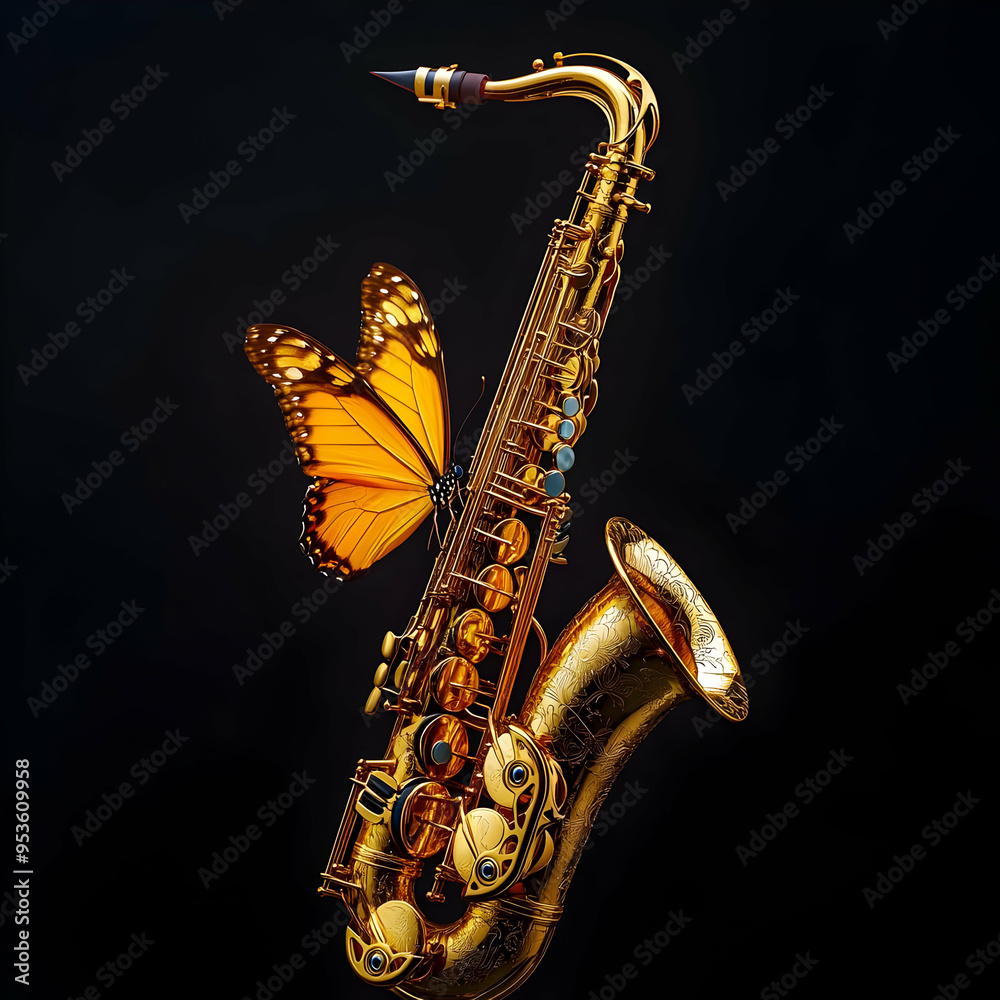 Obraz premium Golden Saxophone with Butterfly on Black Background