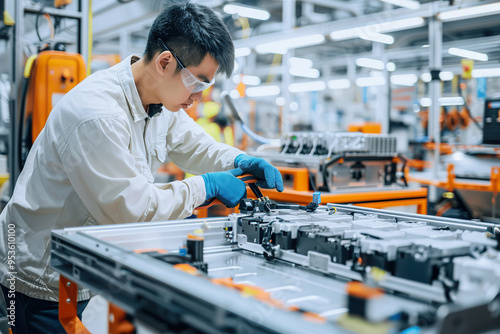 A woman in a lab coat is wearing a mask and gloves while working on a machine,