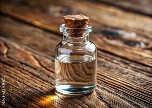 A delicate, clear glass vial with a narrow neck and cork stopper, containing a few drops of dark photo