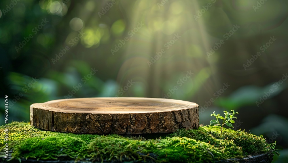 Tree stump illuminated by sunlight in a mossy forest. Tree stump illuminated by sunlight in a mossy forest.