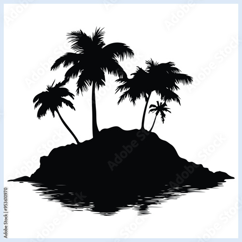 Beach Island silhouette, Palm tree silhouette on the beach, Summer vacation vector,  Summer vacation doodles on a white background  