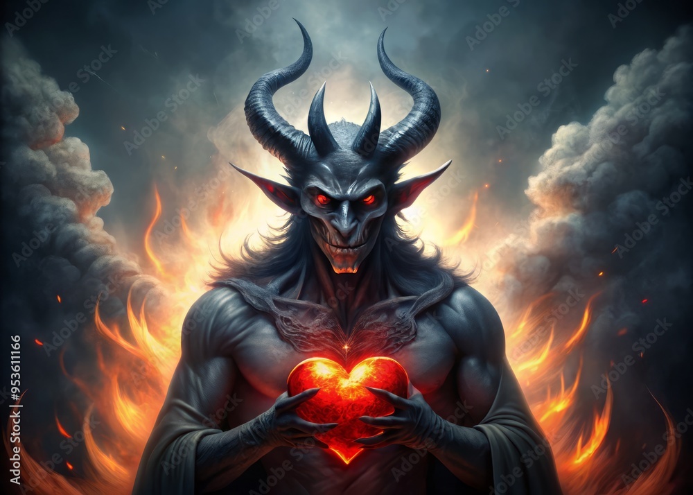 A demonic figure with sharp horns and pointed tail cradles a glowing red heart, surrounded by wispy flames A demonic figure with sharp horns and pointed tail cradles a glowing red heart, surrounded by wispy flames