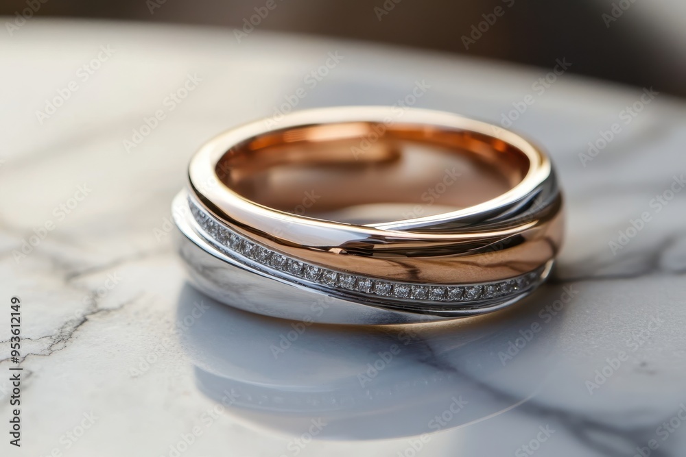 A close-up of a stylish intertwined ring with a diamond accent on a marble surface. A close-up of a stylish intertwined ring with a diamond accent on a marble surface.