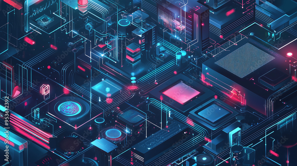 Fototapeta premium Isometric illustration of an abstract digital tech background, showcasing the vibrant colors and intricate details of circuit boards, chipsets, and data cables in neon blue and pink hues