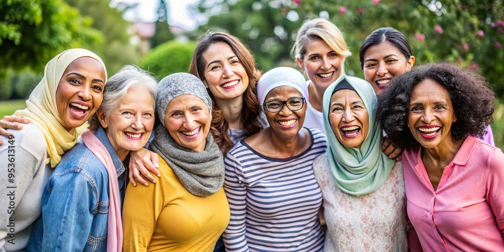 Fototapeta premium A diverse group of confident and smiling women from different age groups and ethnicities gathered together, celebrating