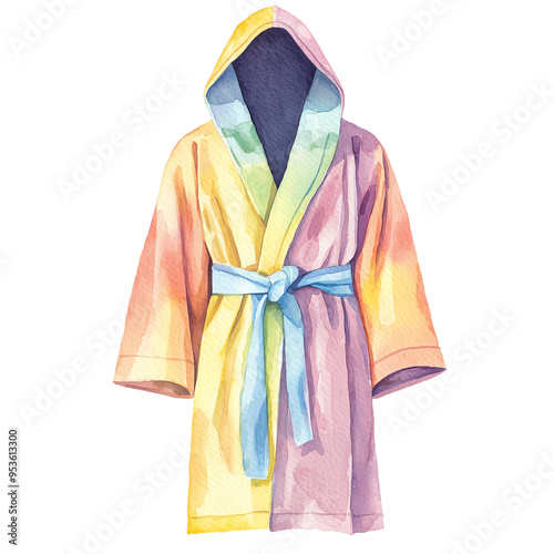 A vibrant watercolor illustration of a cozy bathrobe with a hoodie, perfect for relaxation and comfort at home. photo