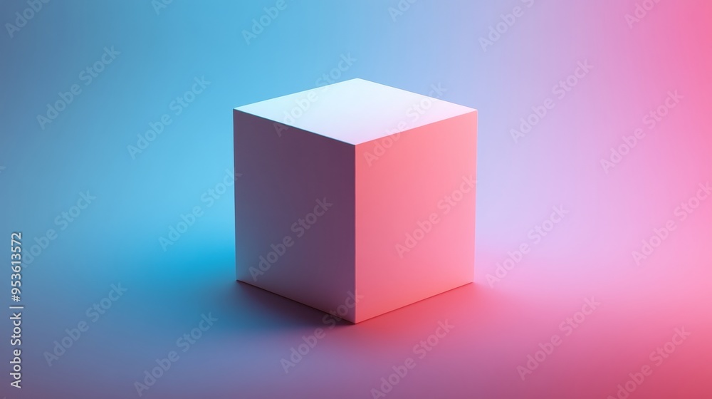 A white cube is sitting on a blue background A white cube is sitting on a blue background