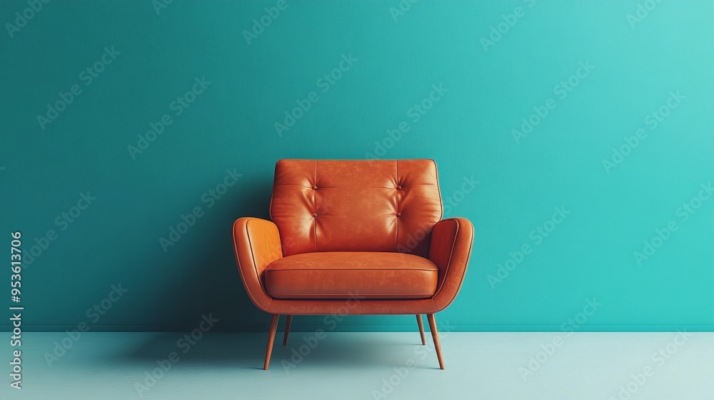 A tan leather chair sits in front of a blue wall A tan leather chair sits in front of a blue wall