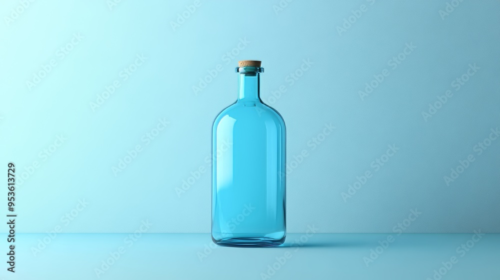 A blue glass bottle with a cork stopper sits on a blue background A blue glass bottle with a cork stopper sits on a blue background
