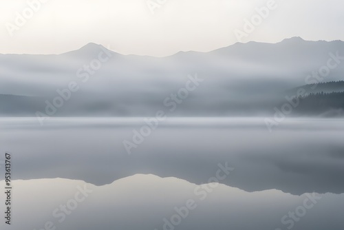 A calm foggy lake surface with distant mountains, Ai Generated