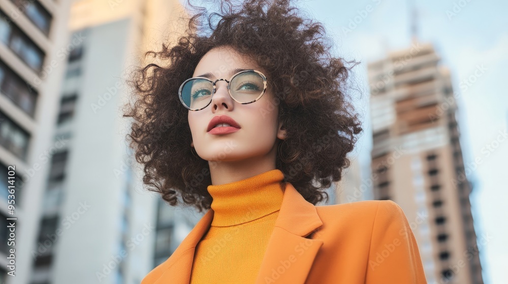 Urban Confidence: A woman with bold curls, glasses, and a bright orange suit radiates assurance against a city backdrop. Urban Confidence: A woman with bold curls, glasses, and a bright orange suit radiates assurance against a city backdrop.