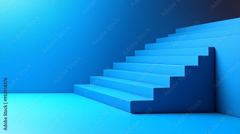 A blue staircase is shown in a room with a blue wall A blue staircase is shown in a room with a blue wall