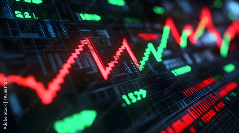 Stock Market Volatility: A fluctuating line graph with green and red arrows, symbolizing unpredictable stock market behavior. Stock Market Volatility: A fluctuating line graph with green and red arrows, symbolizing unpredictable stock market behavior.