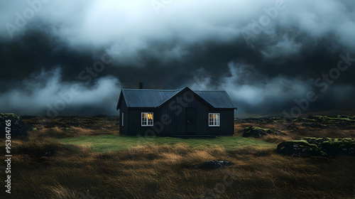 A black cabin with windows ...