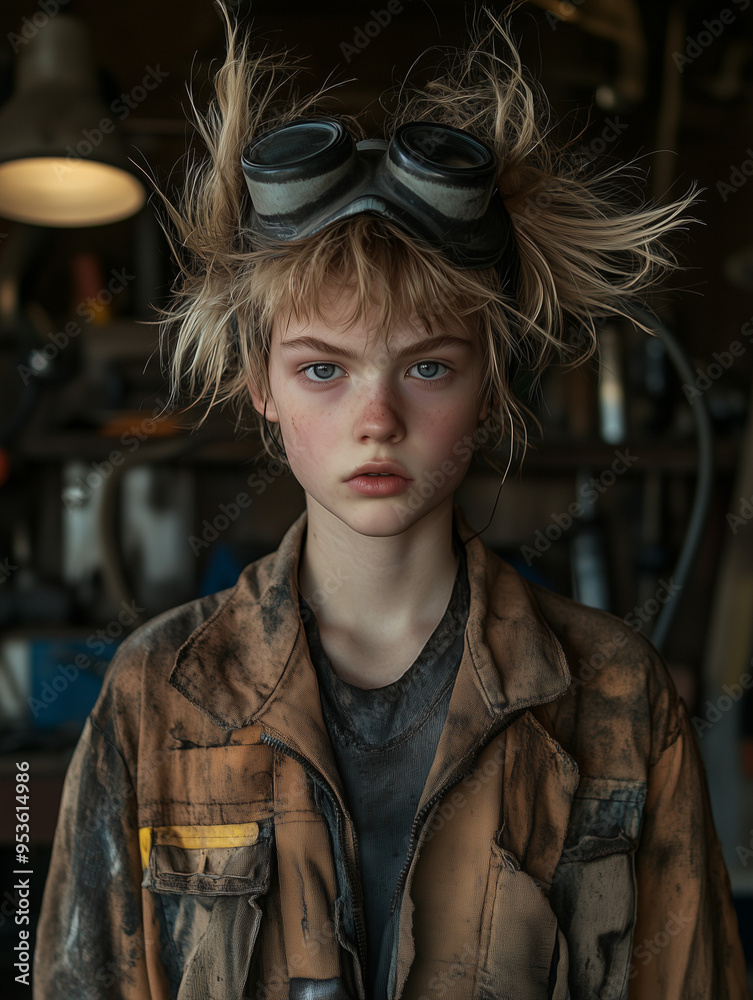 young mechanic with wild hair and goggles young mechanic with wild hair and goggles