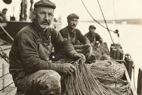 Vintage Black and White Photo of Fishermen Mending Nets on a Fishing Boat in the Early 20th Century photo