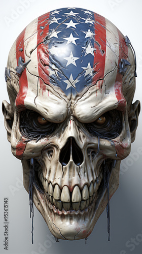 Stylized skull with red and blue stripes and stars for a poster or tattoo. photo