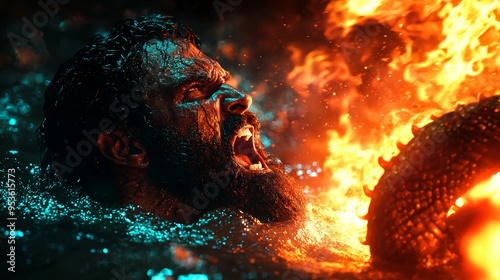 Dynamic Scene of Hercules Battling the Lernaean Hydra in a Fiery and Intense Combat photo