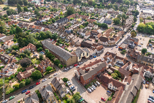 Aerial drone shot over the town of Bishops Stortford in England photo