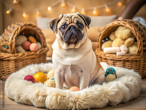 Adorable long-haired pug with a fluffy coat and sweet facial expression sits on a soft cushion, surrounded by photo