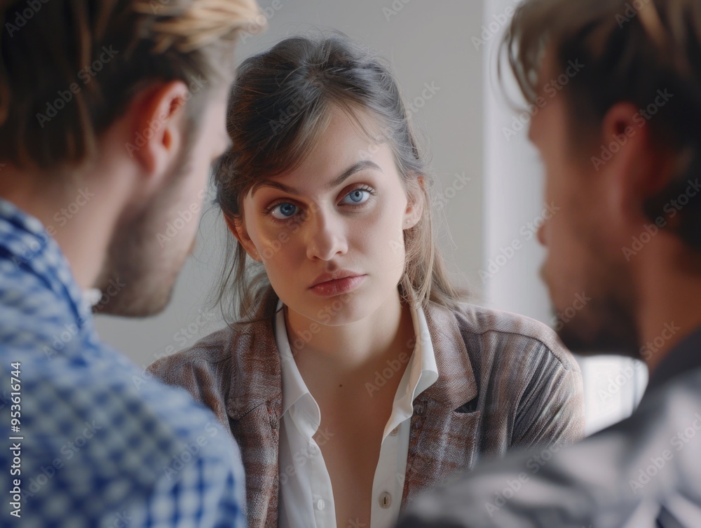 A woman with a blue eye stares at two men. The man on the left is wearing a blue shirt and the man on the right is wearing a black shirt A woman with a blue eye stares at two men. The man on the left is wearing a blue shirt and the man on the right is wearing a black shirt