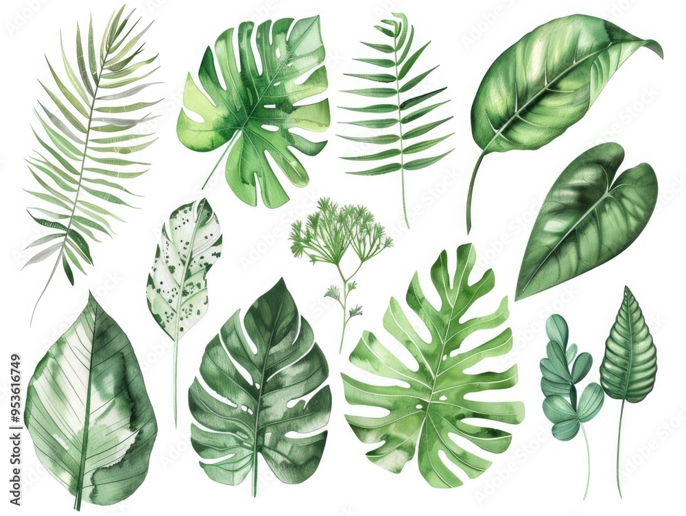 Fototapeta premium A collection of green leaves and vines, including palm leaves, ferns, and other tropical foliage