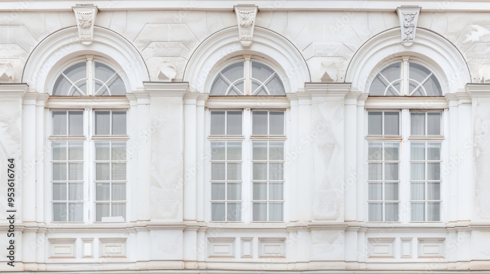The white building has three windows with arched tops. The windows are clean and clear, and the building has a classic, elegant appearance The white building has three windows with arched tops. The windows are clean and clear, and the building has a classic, elegant appearance
