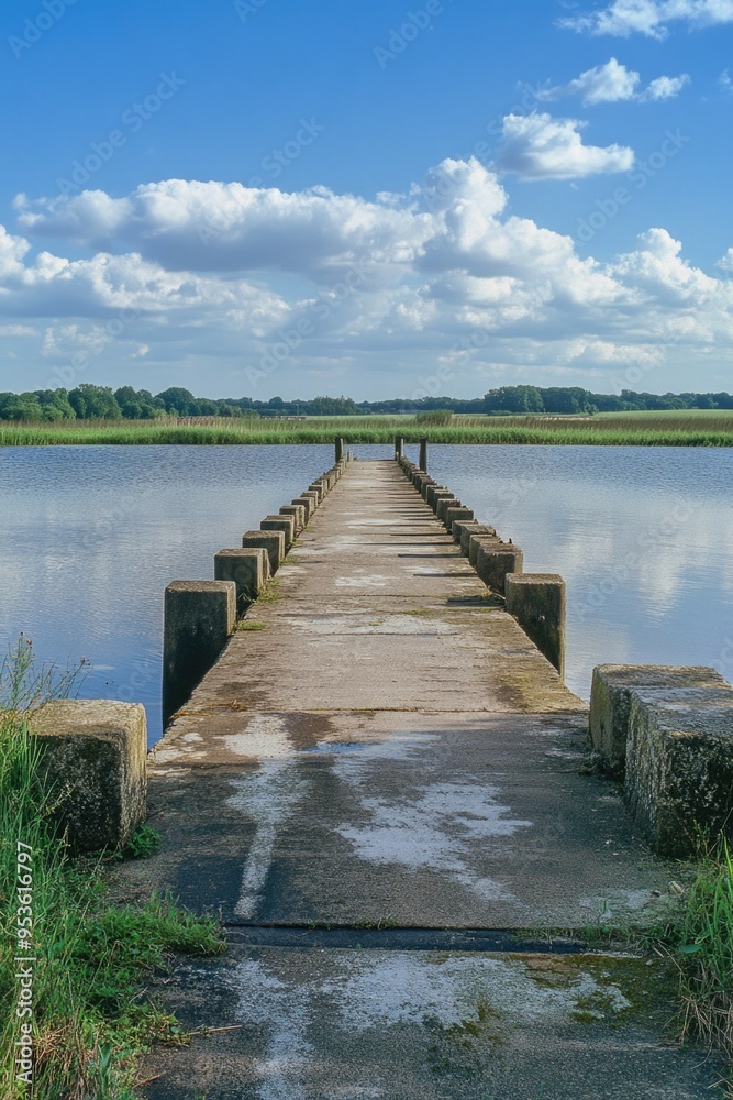 Naklejka premium A bridge over a body of water with a cloudy sky in the background. The bridge is old and has a rustic appearance
