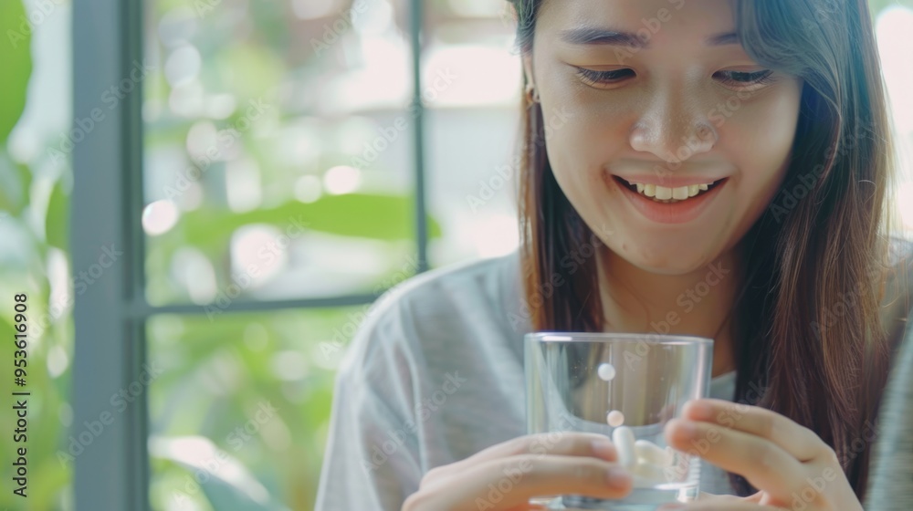 A woman is smiling while holding a glass of water. She is taking a pill with the water A woman is smiling while holding a glass of water. She is taking a pill with the water