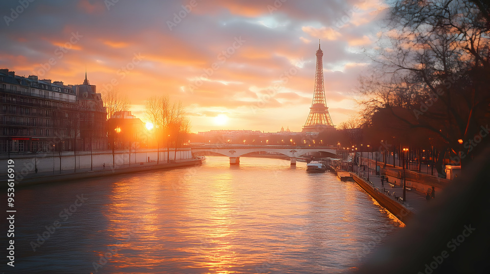 A bridge over a river with the Eiffel Tower in the distance. The sun is setting over the city and reflecting off the water. A bridge over a river with the Eiffel Tower in the distance. The sun is setting over the city and reflecting off the water.