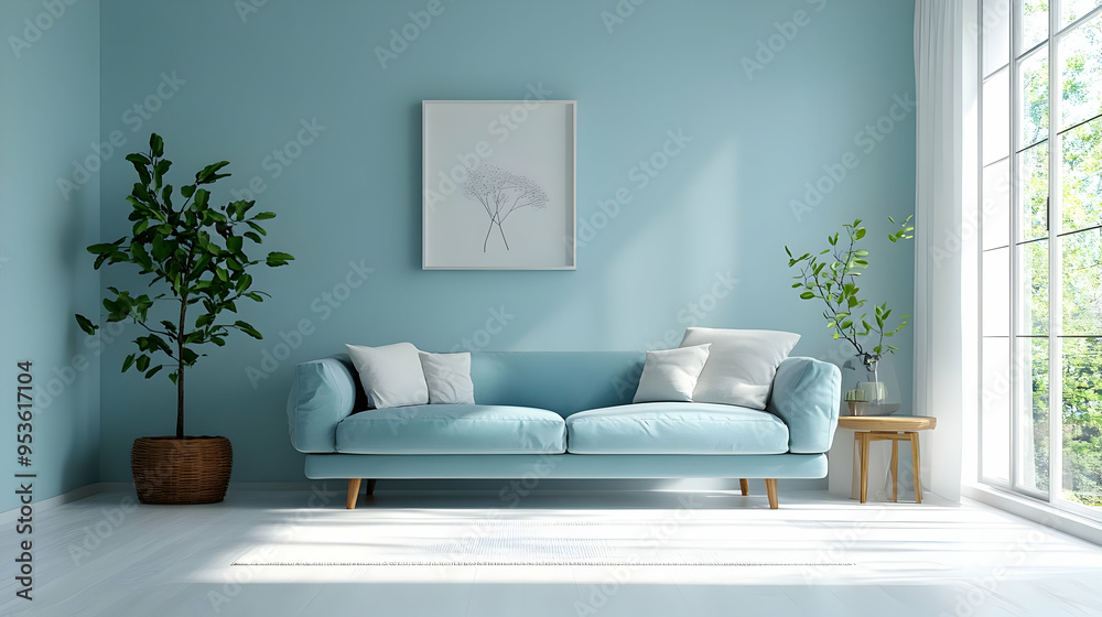 A bright living room with a light blue sofa, a white rug, and a potted plant in a wicker basket. A bright living room with a light blue sofa, a white rug, and a potted plant in a wicker basket.