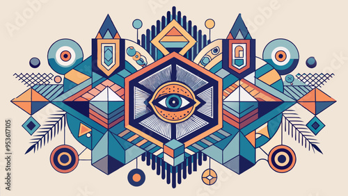Dotwork tattoo of geometric all-seeing eye with abstract patterns in blue and orange