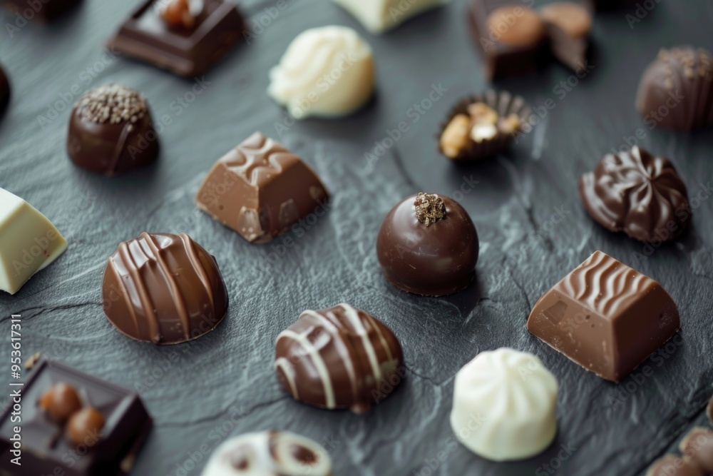 A variety of chocolates are displayed on a black surface. The chocolates are of different shapes and sizes, and some of them have nuts on top. Concept of indulgence and luxury