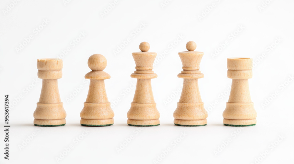 A row of wooden chess pieces are lined up on a white background A row of wooden chess pieces are lined up on a white background