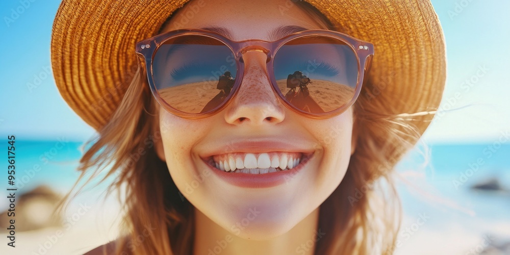A woman with a straw hat and sunglasses is smiling at the camera. She has a bright, sunny look on her face, and her smile is infectious. Concept of happiness and positivity A woman with a straw hat and sunglasses is smiling at the camera. She has a bright, sunny look on her face, and her smile is infectious. Concept of happiness and positivity