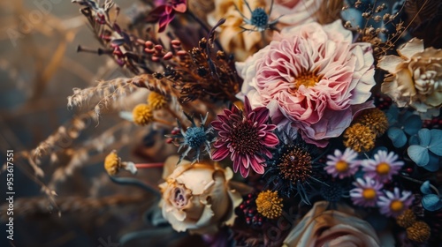 A bouquet of flowers with a mix of colors including yellow, pink, and purple. The flowers are wilted and dried out, giving the bouquet a somewhat sad and melancholic mood