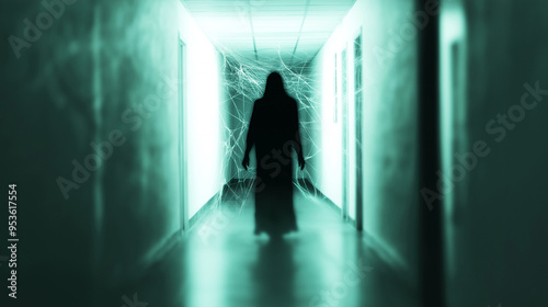 A ghostly figure standing at the end of a dark, cobweb-covered hallway.