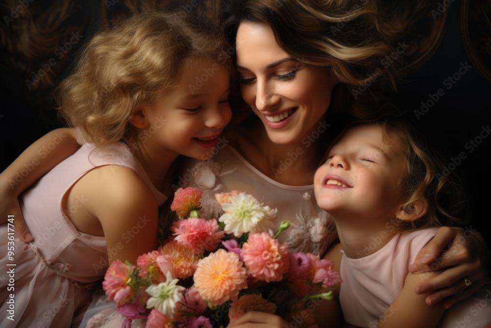 A woman is holding a bouquet of flowers while hugging two young girls. The scene conveys a warm and loving atmosphere, as the woman and the girls share a special moment together A woman is holding a bouquet of flowers while hugging two young girls. The scene conveys a warm and loving atmosphere, as the woman and the girls share a special moment together