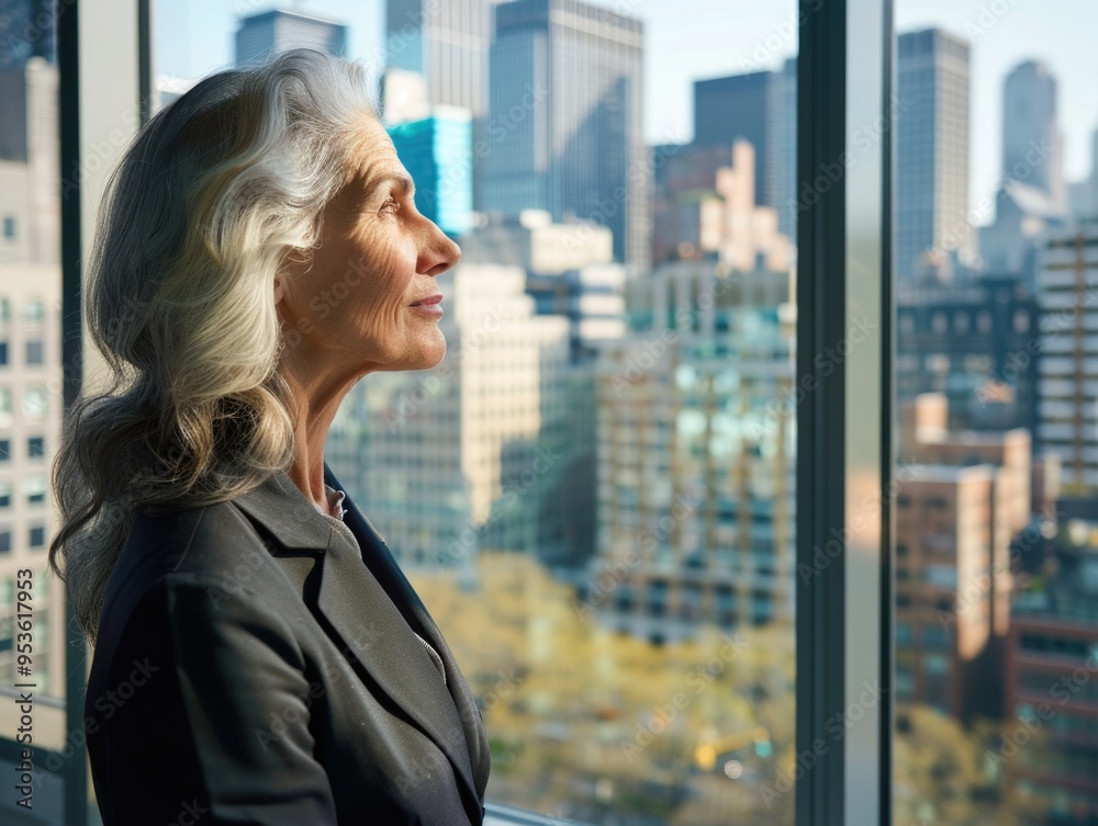 Fototapeta premium A woman in a black suit is looking out a window at the city. She is smiling and enjoying the view